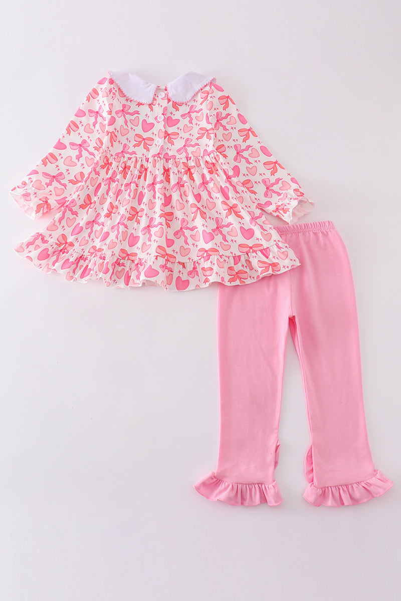 Pink valentine heart bow embroidery girl set