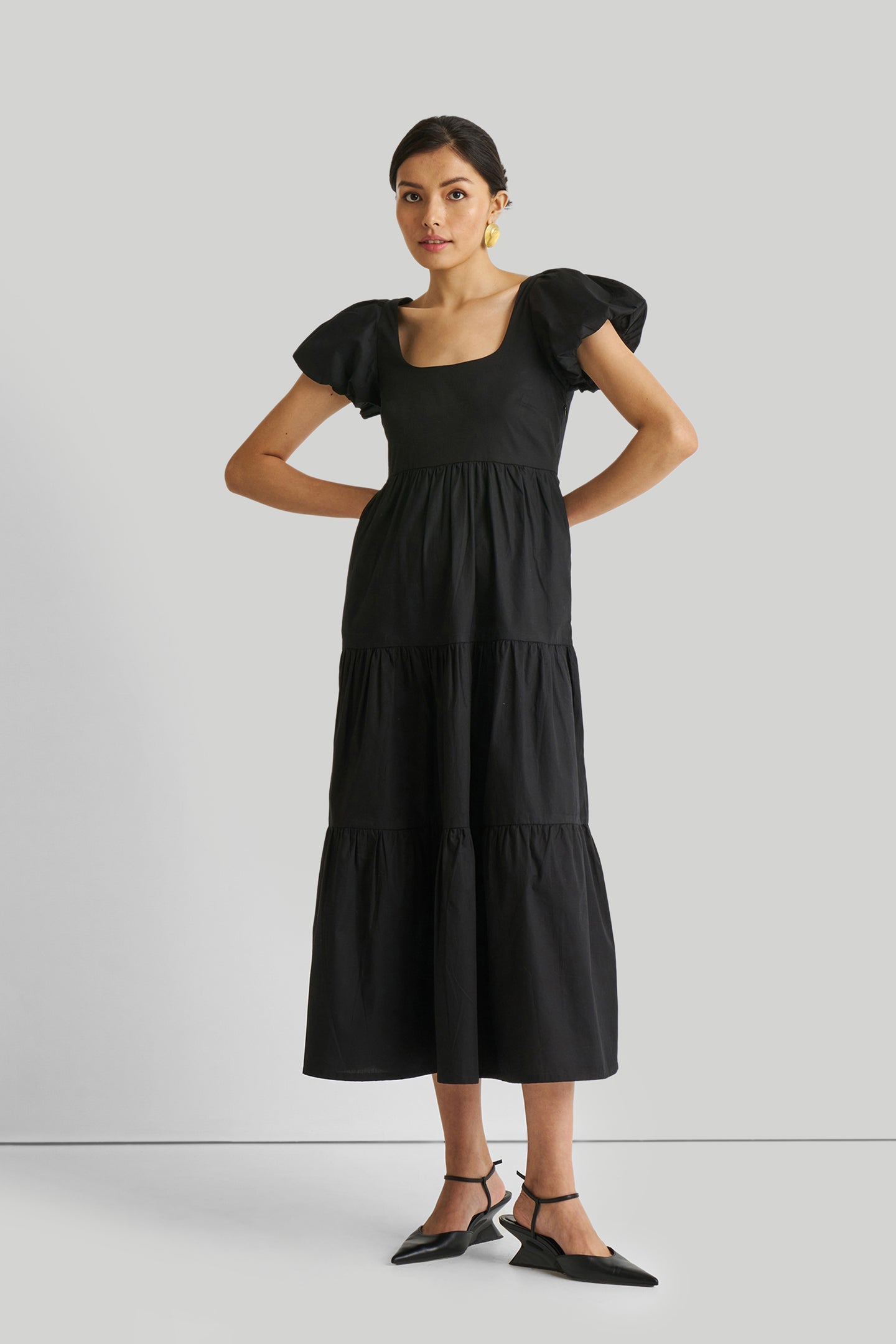 Reistor-Reistor Puff Sleeve Tiered Maxi Dress in Black-Whoopsie Daisy