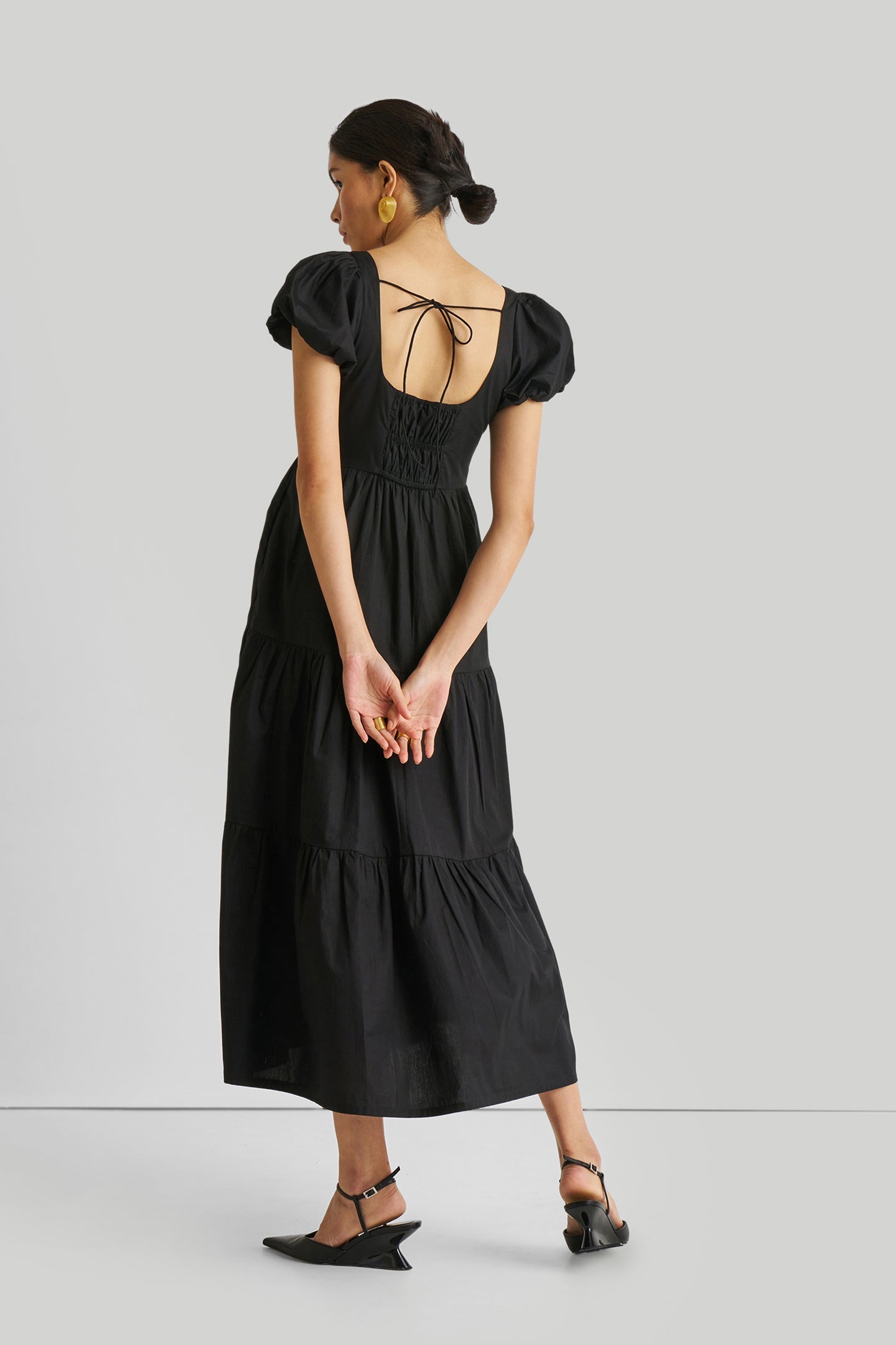 Reistor-Reistor Puff Sleeve Tiered Maxi Dress in Black-Whoopsie Daisy