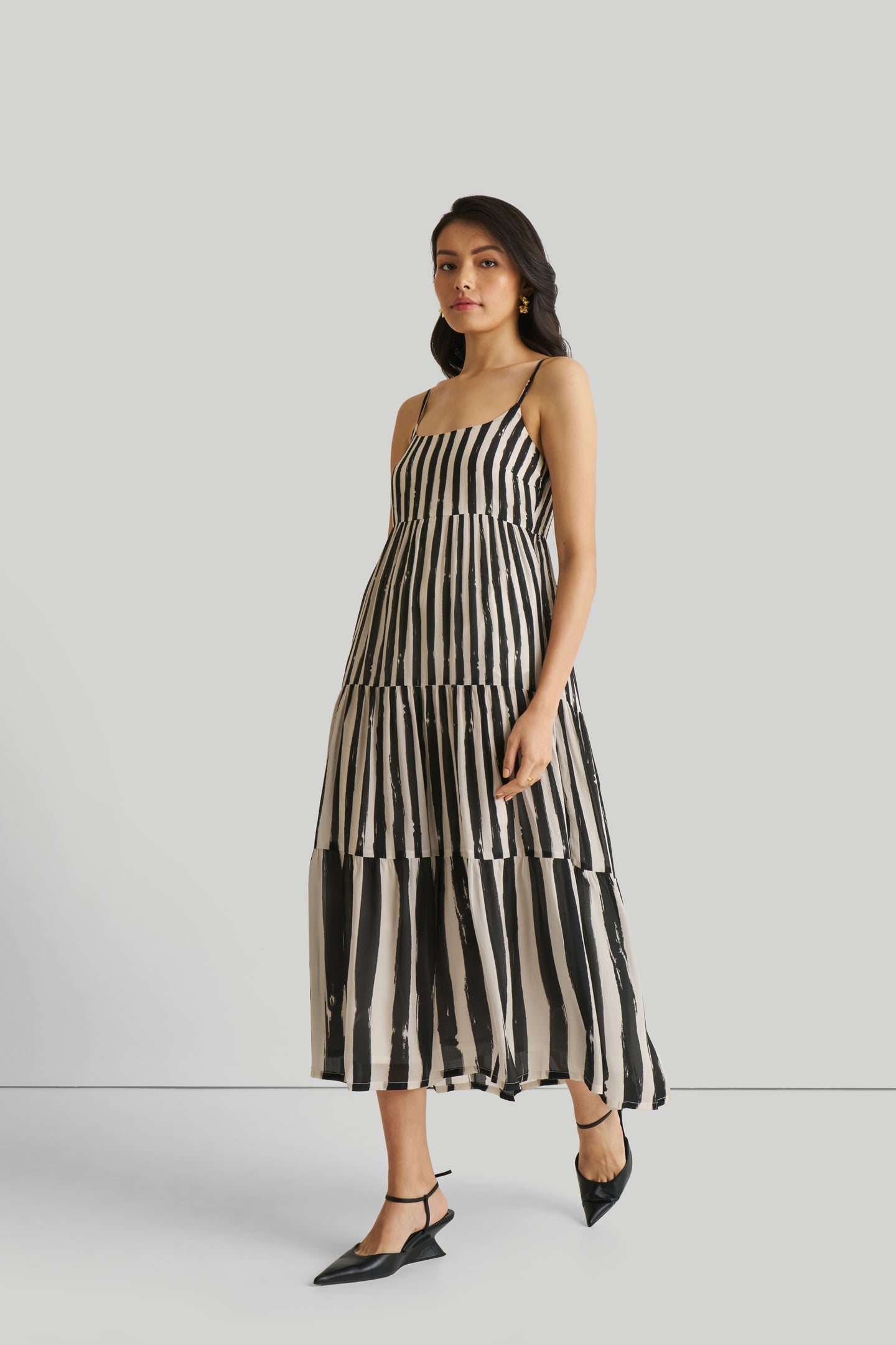 Reistor-Reistor Strappy Tiered Maxi Dress in Black Stripes-Whoopsie Daisy