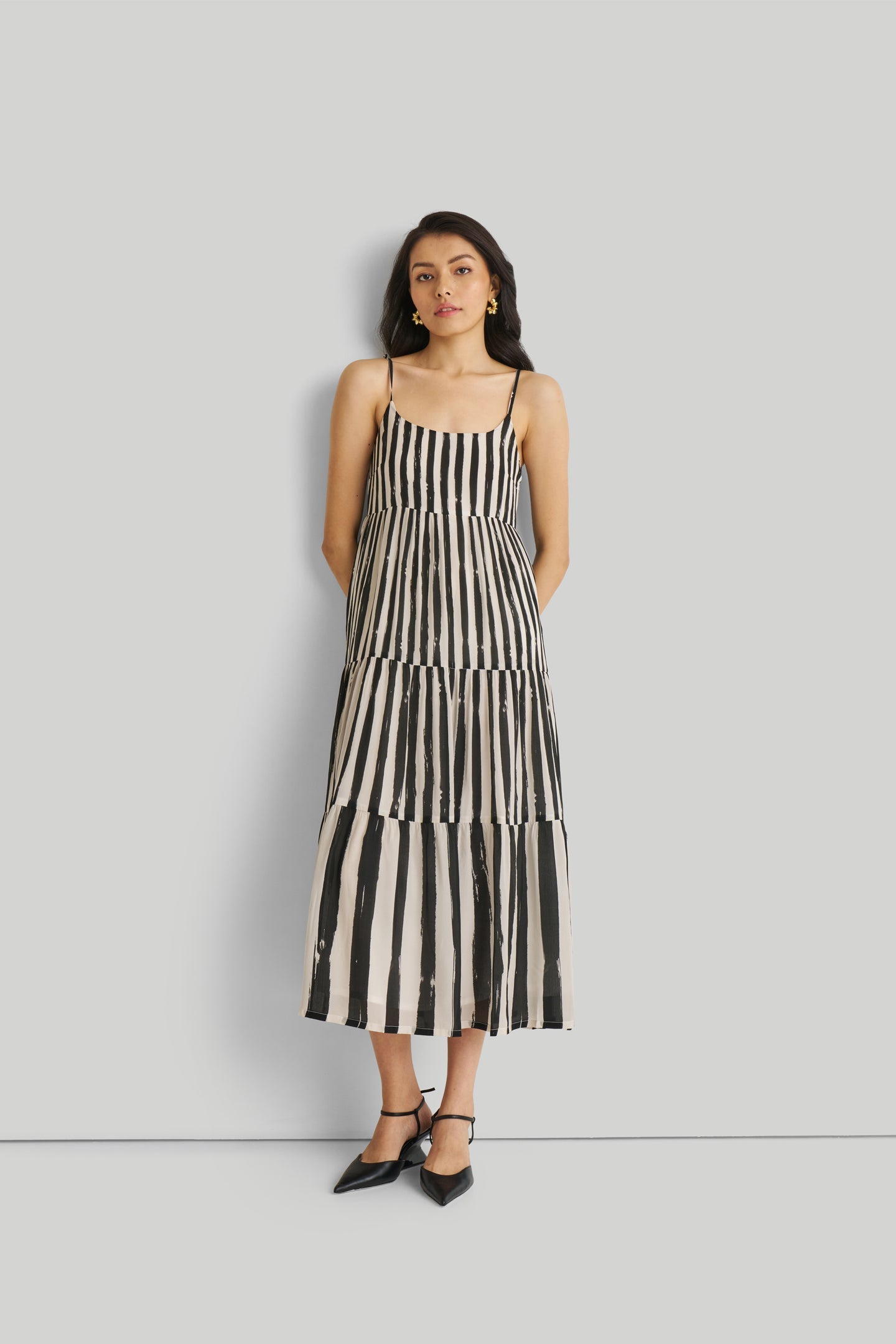 Reistor-Reistor Strappy Tiered Maxi Dress in Black Stripes-Whoopsie Daisy