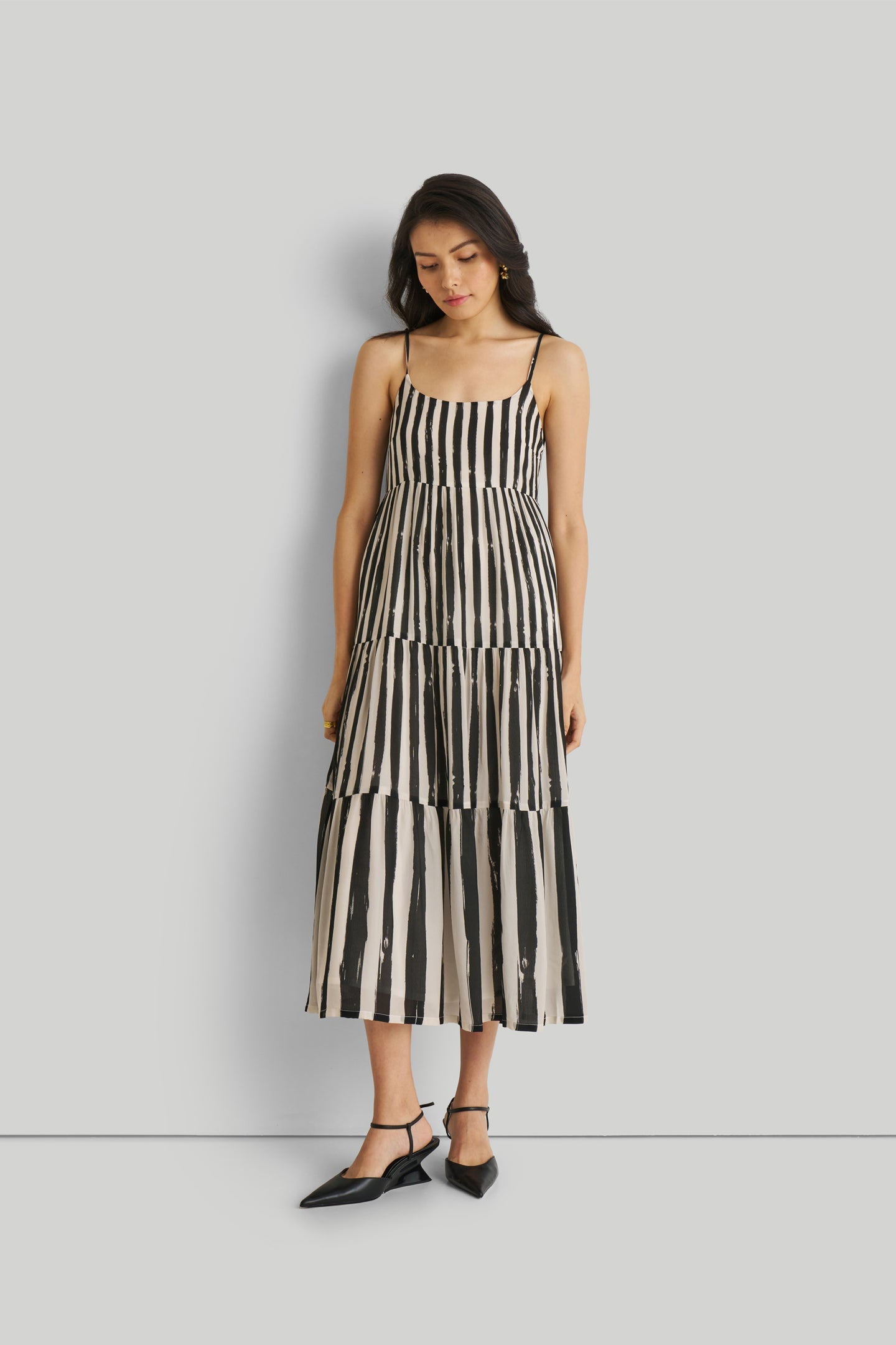 Reistor-Reistor Strappy Tiered Maxi Dress in Black Stripes-Whoopsie Daisy