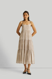 Reistor-Reistor Strappy Tiered Maxi Dress in Beige Stripes-Whoopsie Daisy