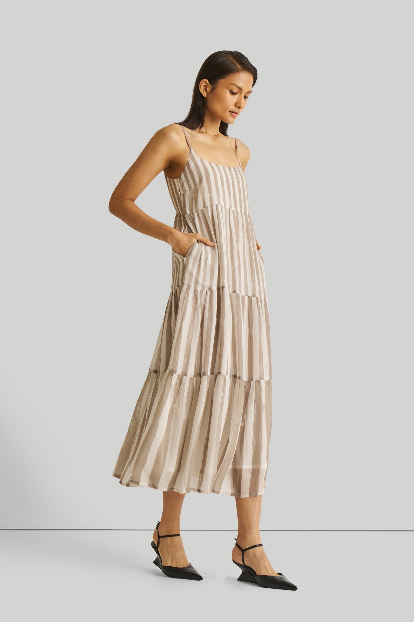 Reistor-Reistor Strappy Tiered Maxi Dress in Beige Stripes-Whoopsie Daisy