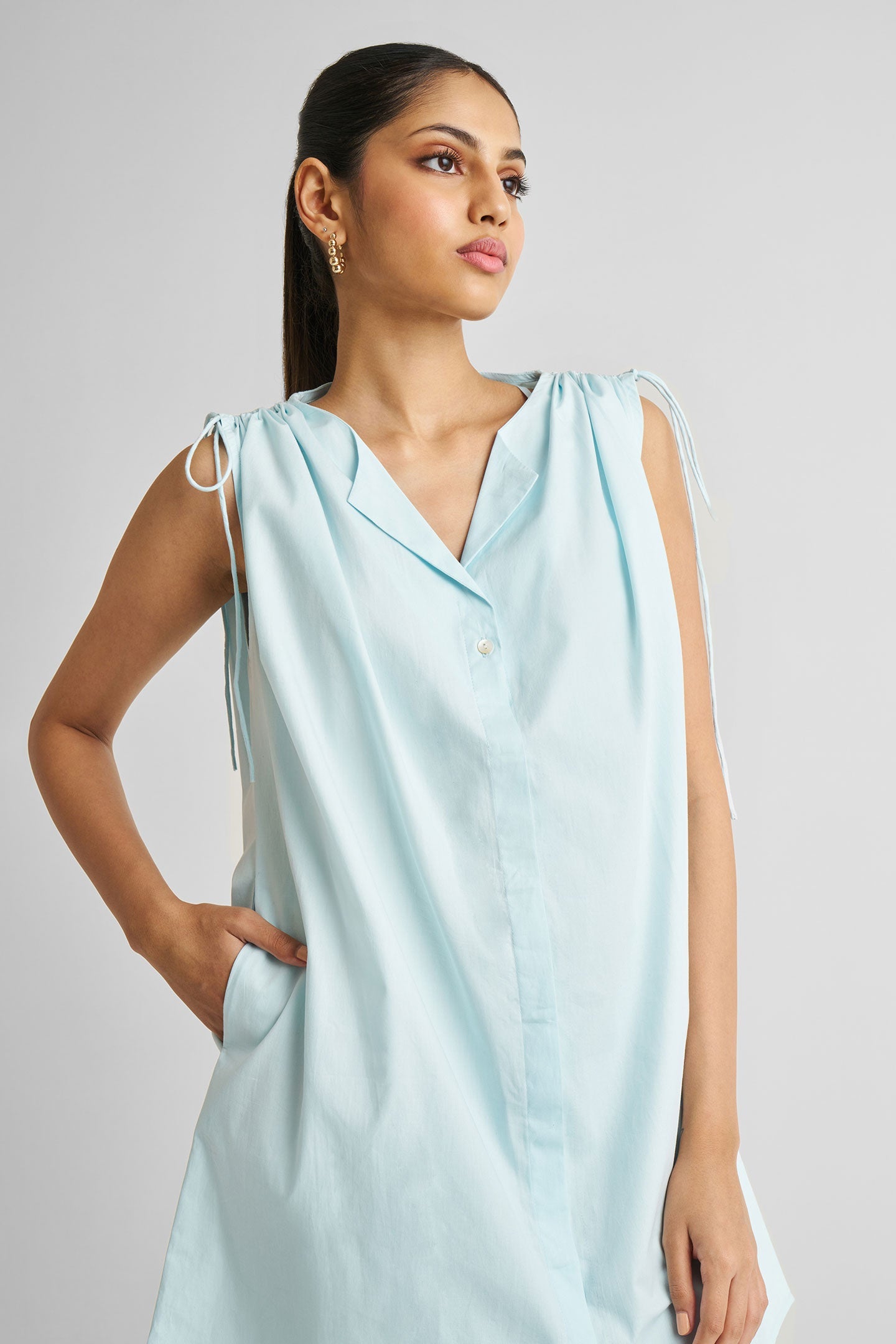 Reistor-Reistor Shirt dress with Shoulder Tie Details in Summer Blue-Whoopsie Daisy