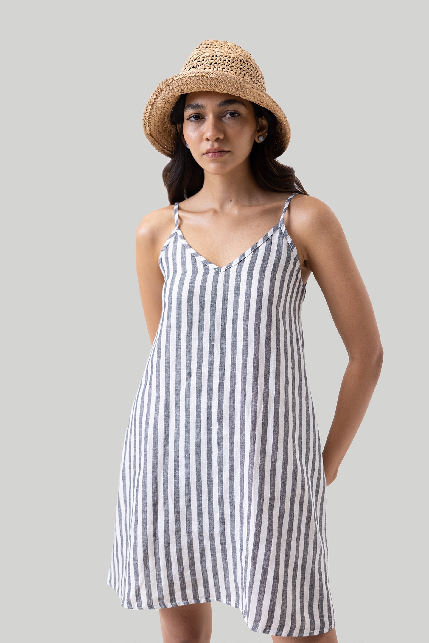 Reistor-Reistor Short Tent Dress in Linen Stripes-Whoopsie Daisy