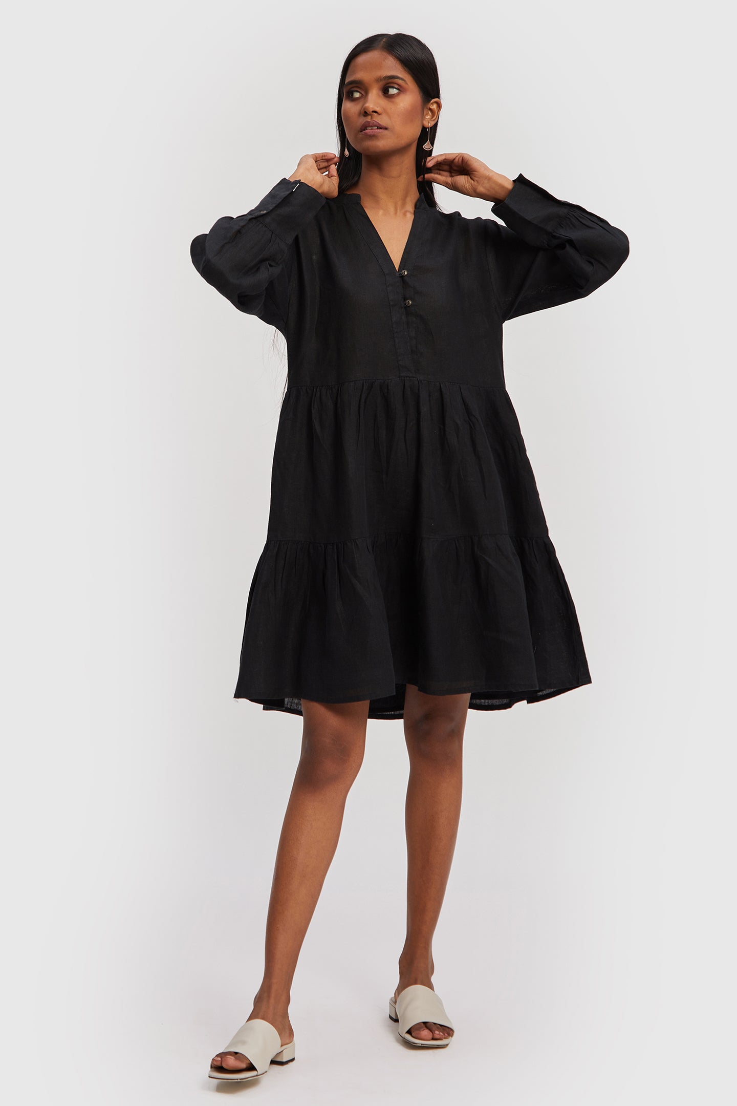 Reistor-Reistor V-neck Tiered Dress in Black-Whoopsie Daisy