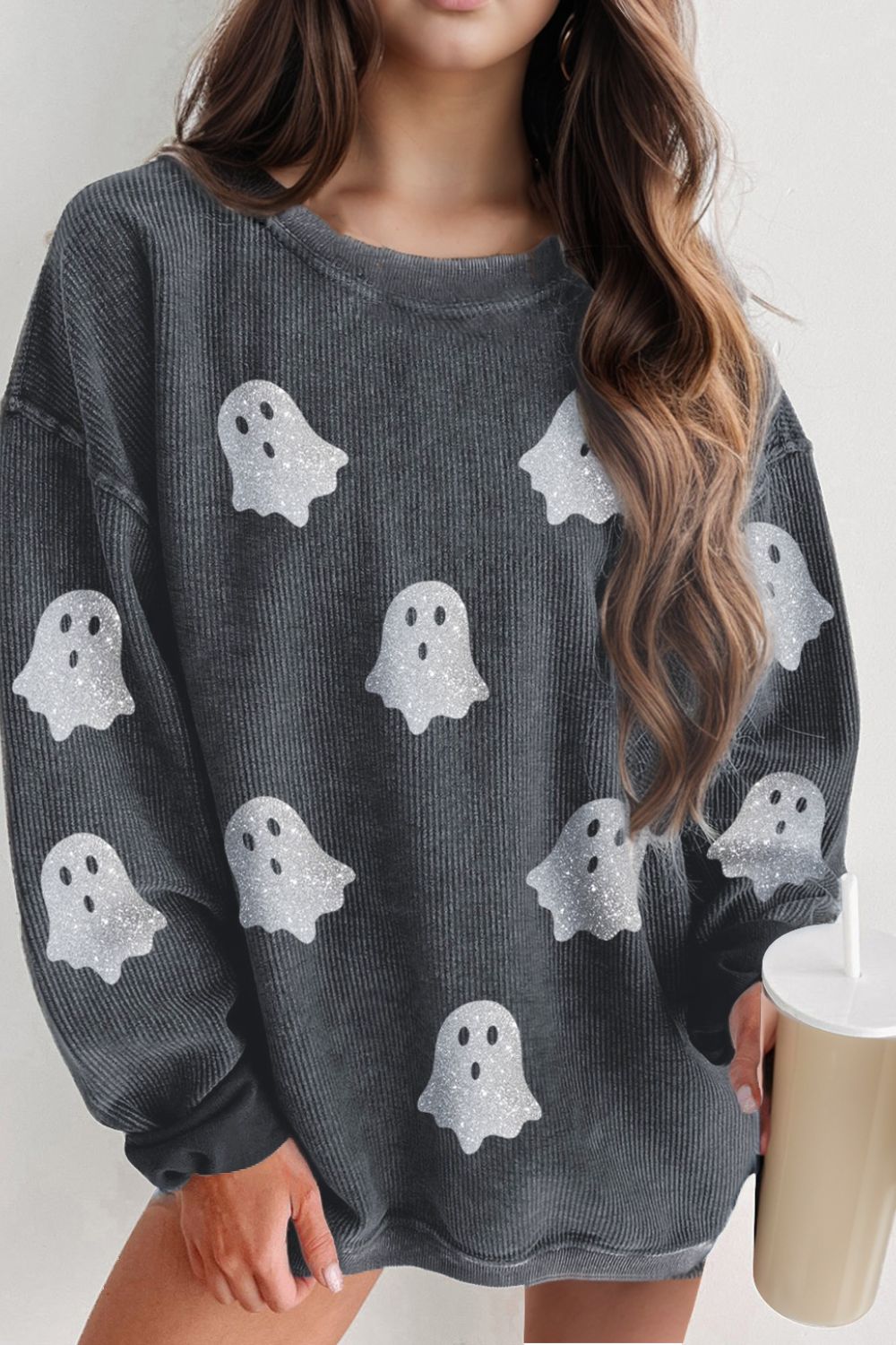 Glitter Ghost Round Neck Long Sleeve Sweatshirt