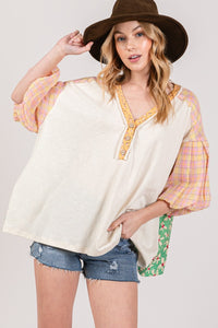 Whoopsie Daisy-SAGE + FIG Color Block Bubble Sleeve Top-Whoopsie Daisy