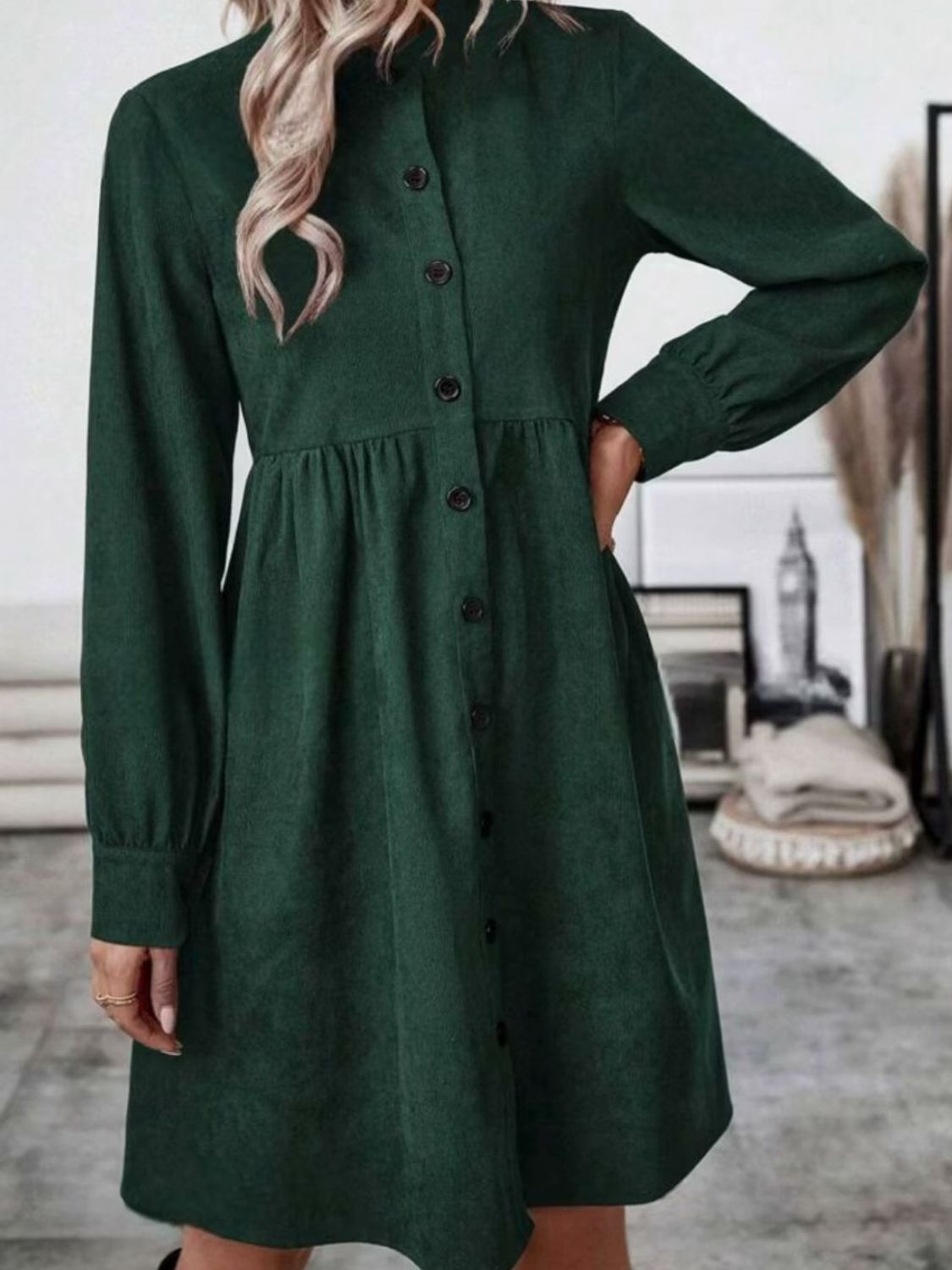 Ruched Button Up Long Sleeve Dress