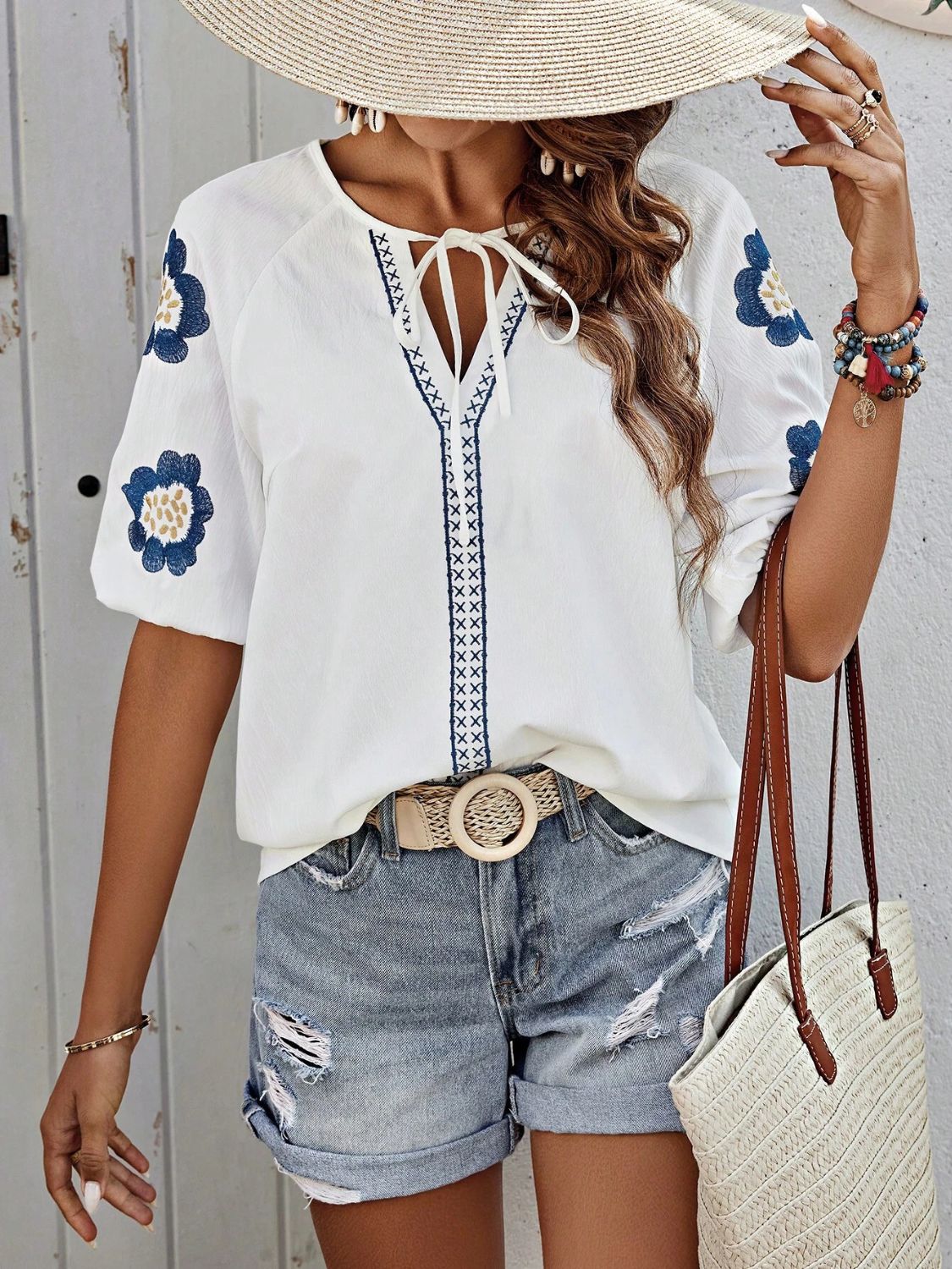 Embroidered Tie Neck Puff Sleeve Blouse