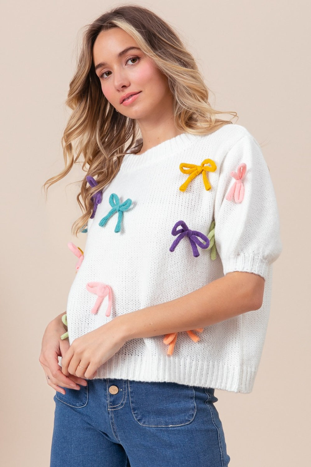Whoopsie Daisy-BiBi Bow Detail Puff Sleeve Sweater-Whoopsie Daisy