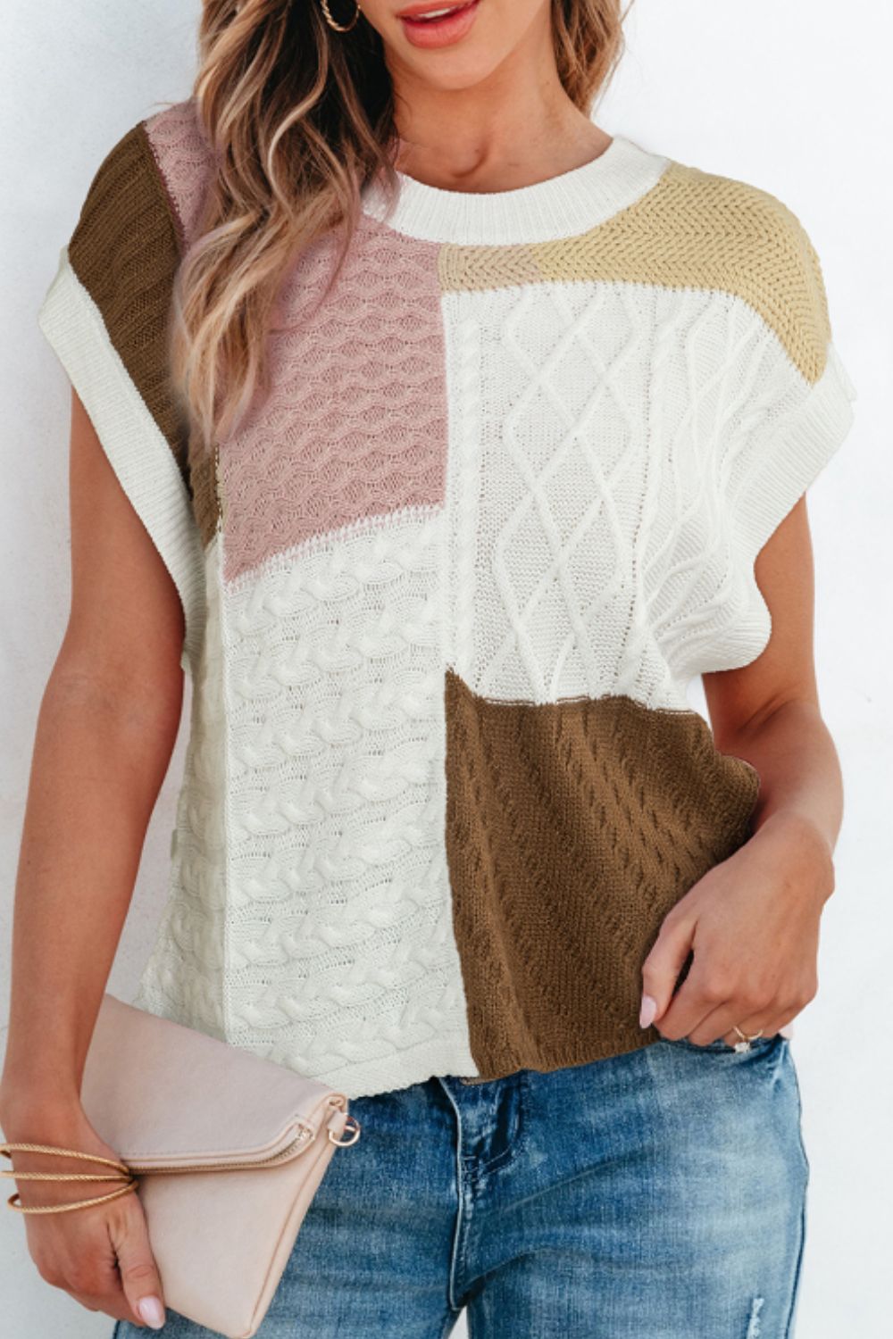 Cable-Knit Color Block Round Neck Sweater Vest