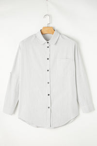 Whoopsie Daisy-Pocketed Striped Collared Neck Long Sleeve Shirt-Whoopsie Daisy