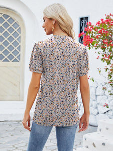 Whoopsie Daisy-Ruched Printed Notched Short Sleeve Blouse-Whoopsie Daisy