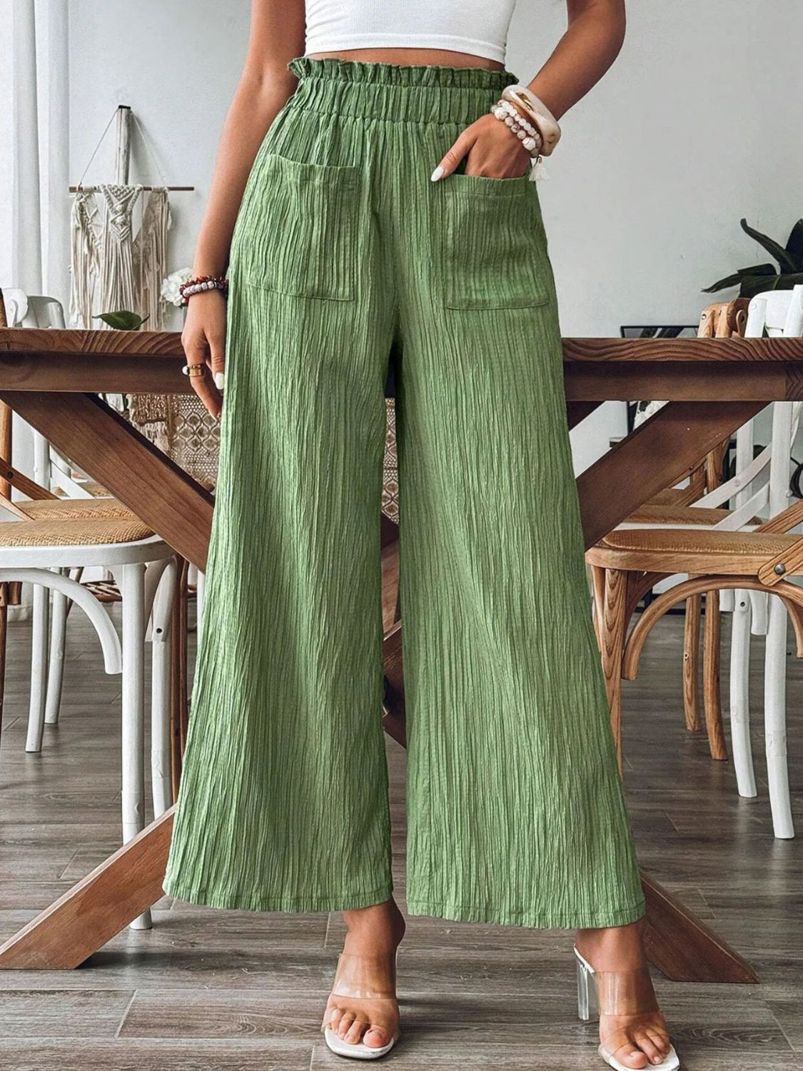 Pocketed Elastic Waist Wide Leg Pants