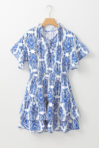 Whoopsie Daisy-Printed Tie Neck Short Sleeve Mini Dress-Whoopsie Daisy