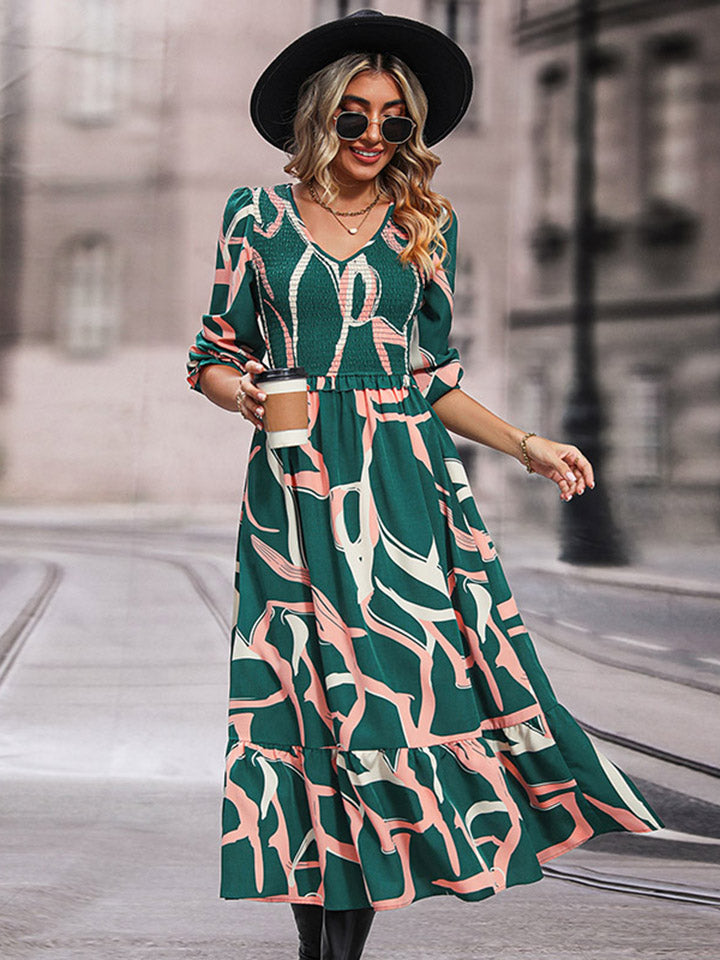 Whoopsie Daisy-Printed Smocked V-Neck Three-Quarter Sleeve Midi Dress-Whoopsie Daisy