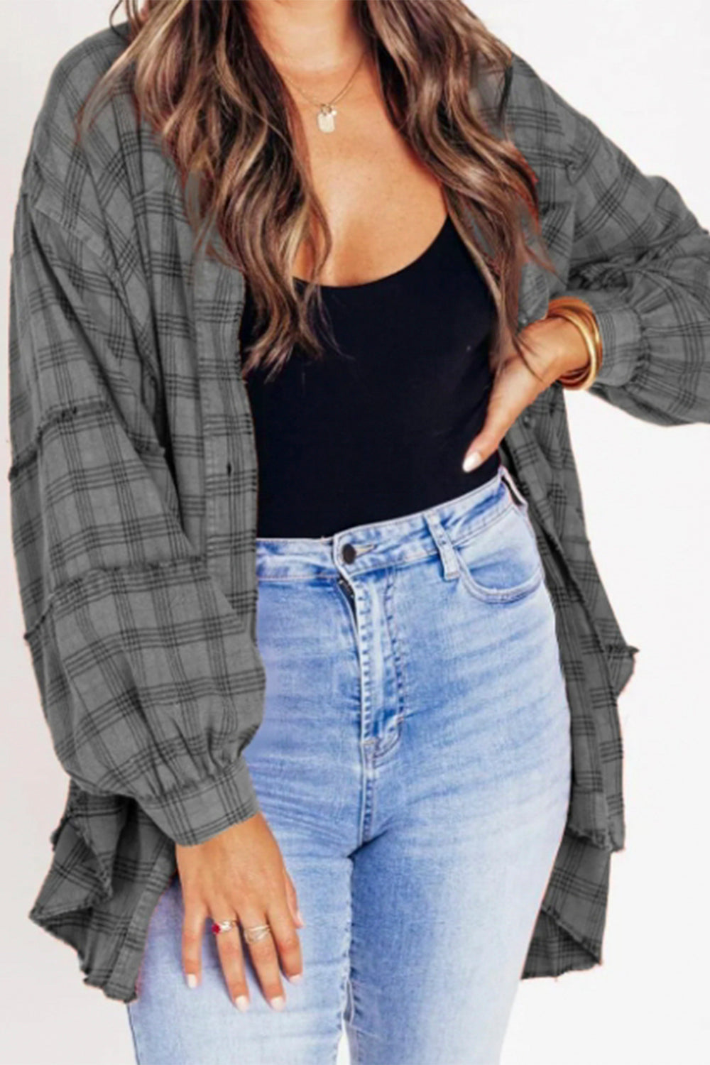 Exposed Seam Plaid Collared Neck Long Sleeve Shirt