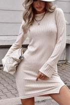 Whoopsie Daisy-Ribbed Round Neck Long Sleeve Dress-Whoopsie Daisy