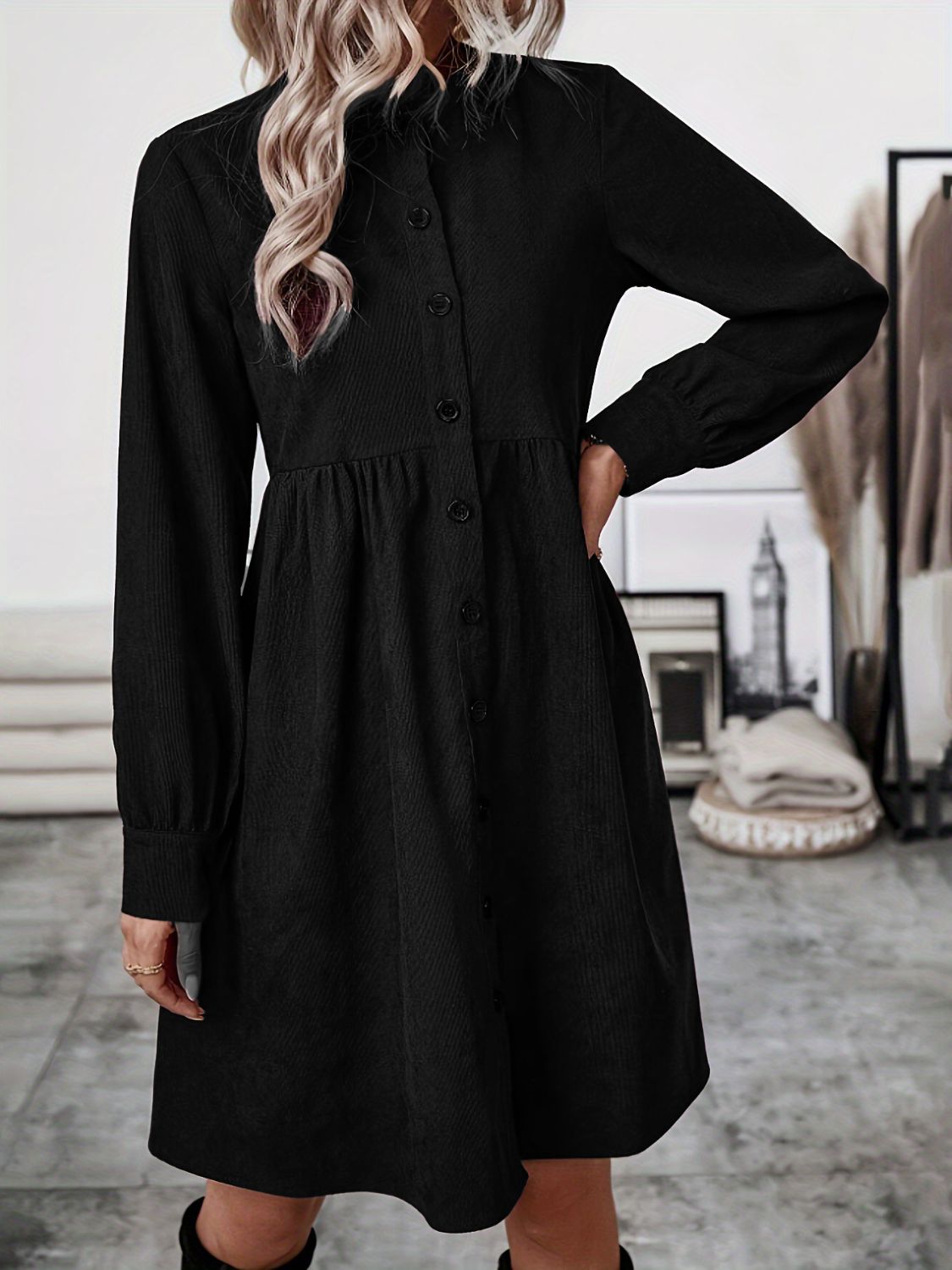 Ruched Button Up Long Sleeve Dress